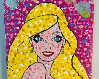 Original  Pointillism Barbie painting by artist Alex Vera, abstract blends, peter max original, britto original, original abstract oil paint