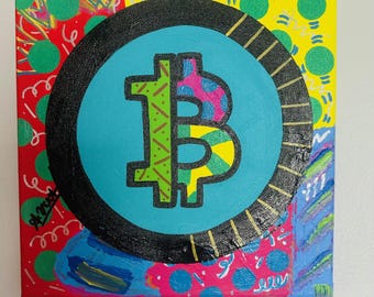 Original Bitcoin painting by Alex Vera, abstract art, original Peter max, original Britto, pop art bitcoin art