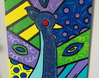 Original Peacock painting by Alex vera, original Peter max, original Romero Britto, oil painting mixed media, pop art