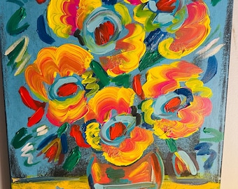 Abstract Flower Painting by Alex Vera, Colorful Floral Canvas Art, Fauvist Impasto Wall Decor, Van Gogh Inspired Pop Artwork