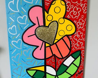 Pop Art Cubism Flower Painting by Alex Vera, Abstract Painting, Hand-Painted Art, pop art flower Painting, Wall Art, original Britto art