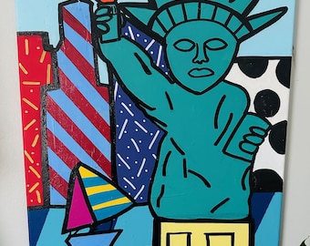Statue of Liberty Painting Original Art by Alex Vera, Colorful NYC Canvas Wall Art, New York USA 250 years, Americana Art, Peter Max Britto