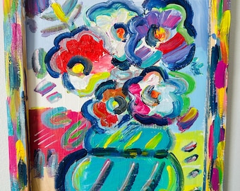 Abstract Flower Painting Original Art by Alex Vera, Colorful Floral Canvas Wall Art, Contemporary Pop Art Decor, Peter Max Style