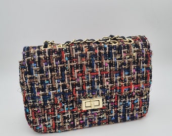 Tweed Damen Umhängetasche Mini mit goldener Kette, Elegante Boho Doppel Flap Bag, Made in Italy