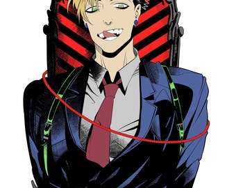 May include: Illustration of a person in a blue suit, red tie, and gray shirt, tied with red rope. The person has blonde and black hair, green eyes, and is seated in a black chair with red stripes. The image includes the text "IG: YOURGREENKO".