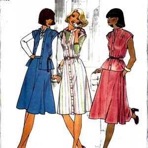 May include: A vintage sewing pattern for three dresses. The pattern is for size 10, bust 83 cm. The dresses are a blue skirt with a white shirt, a striped dress, and a pink dress. The pattern is from Simplicity and is designed by B. Peattie.