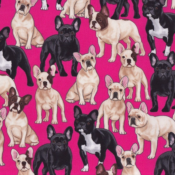 That's Bulldog! Hot Pink Tossed Allover Cotton Fabric by George McCurdy for Timeless Treasures