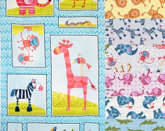 May include: A blue fabric with a chevron pattern features various animal illustrations. The fabric includes a pink elephant, a giraffe, a zebra, a monkey, a lion, a snake, a crocodile, and a bird. The fabric is designed for quilting and crafting projects.