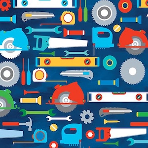 May include: A blue background with a variety of colourful tools, including saws, wrenches, screwdrivers, levels, and circular saws.