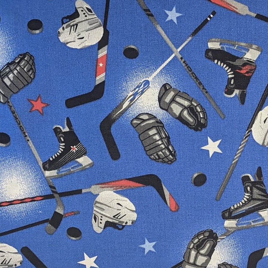 All About Hockey Cotton Fabric on Blue by Mook Fabrics Etsy