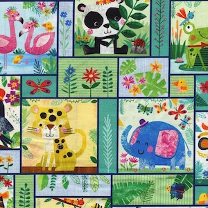 May include: A colourful patchwork design featuring various animals, including a panda, a leopard, an elephant, a frog, and a bird. The design is set against a background of green leaves and flowers.