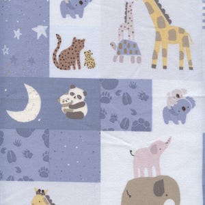 May include: A blue and white fabric with a repeating pattern of animals and stars. The animals include a giraffe, a koala, a panda, an elephant, and a leopard. The stars are white and scattered across the fabric.