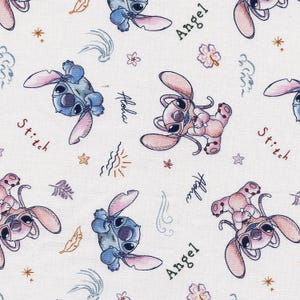 May include: White fabric featuring a repeating pattern of the characters Stitch and Angel from Lilo & Stitch. The design includes the words "Stitch", "Angel", and "Aloha", along with floral and star motifs.