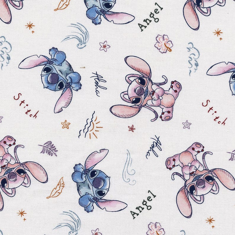 May include: White fabric featuring a repeating pattern of the characters Stitch and Angel from Lilo & Stitch. The design includes the words "Stitch", "Angel", and "Aloha", along with floral and star motifs.