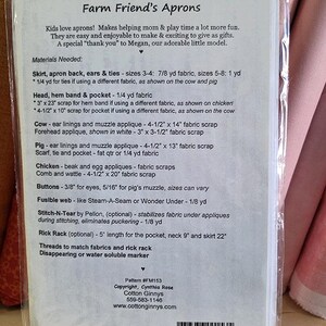 May include: A sewing pattern packet titled Farm Friend's Aprons, enclosed in a clear plastic sleeve. The white paper insert lists materials needed for children's aprons, including fabric yardage, buttons, and rick rack, with a barcode at the bottom.