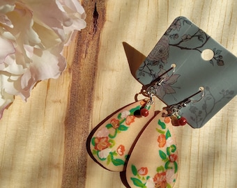 Orange floral, handpinted, wooden earrings