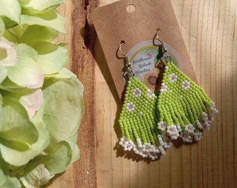 Sour apple green, floral seed bead fringe earrings