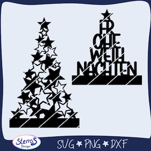 Plotterdatei, Laserdatei, Klötzchenaufsteller Weihnachten – SVG, DXF, PNG – Tannenbaum aus Sternen, Frohe Weihnachten, Holz Klötzchen Acryl