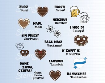 Puede incluir: Un conjunto de 12 archivos de corte digital con varias frases y imágenes alemanas relacionadas con el Oktoberfest. Las frases incluyen "Bussi", "Prost", "Madl", "Ein Prosit", "Pack Mas", "O'zapft is", "Lausbub", "Danksschee", "Oans, Zwoa, G'suffa", "Herzbub", "I mog di". Las imágenes incluyen corazones, pretzels, jarras de cerveza y flores.
