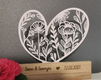 Plotter file laser file heart floral block decoration, SVG PNG DXF, laser cutting file, plotting wedding Valentine's Day blocks wood