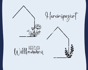 Plotter file, laser file, warm welcome, houses, SVG DXF PNG, come in, German, door sign, spring, flowers, summer welcome