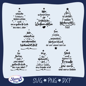 Fichier traceur lettrage arbre de Noël, SVG DXF PNG, allemand, joyeuses fêtes, joyeux Noël, étiquettes cadeaux, bougie