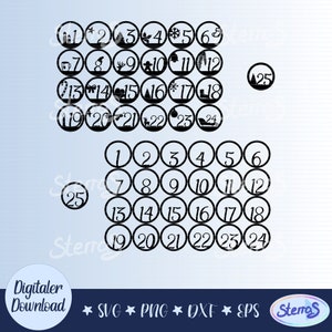 Peut inclure: Téléchargement numérique noir et blanc de cercles de calendrier de l'Avent. Chaque cercle est numéroté et présente une icône sur le thème des fêtes. Inclut les formats de fichiers SVG, PNG, DXF et EPS. Le texte "Digitaler Download" est également présent.