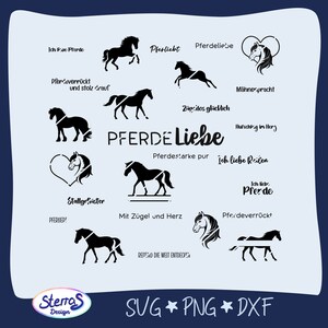 Könnte beinhalten: Eine Ansammlung schwarzer Pferdesilhouetten und deutscher Texte, darunter Sätze wie "Pferdeliebe" und "Ich liebe Pferde." Das Design enthält auch die Wörter "SVG", "PNG" und "DXF".