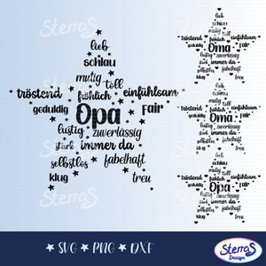 Plotter file Star Grandma Grandpa, SVG DXF PNG, Mother's Day Father's Day, star shape, star, heart, positive words