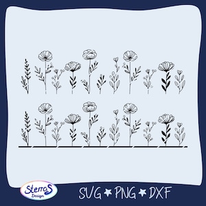 Archivo de trazador de prado de flores, SVG DXF PNG, archivo digital flores de primavera, naturaleza floral, trazado, naturaleza, flores silvestres, fila de flores de hojas botánicas