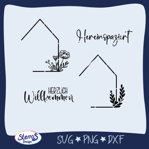 Plotterdatei, Laserdatei, Herzlich Willkommen, Häuser, SVG DXF PNG, hereinspaziert, deutsch, Türschild, Frühling, Blumen, Sommer Begrüßung