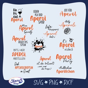 May include: Orange and black graphic designs with the text "Aperol" in various styles and phrases. The designs include a glass of Aperol, a heart, a clock, and a lemon. The text includes phrases like "Aperol Spritz", "Aperol Party", and "It's Aperol o'clock".