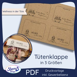 Könnte beinhalten: Produktbild mit einem Kraftpapierbogen mit vier bedruckten Etiketten, jedes mit einem einzigartigen Design. Die Etiketten tragen den Text "Wellness in der Tüte" und "Anti-Stress Programm". Ein kleiner Beutel mit dem gleichen Text ist ebenfalls sichtbar. Der Text "Tütenklappe in 3 Größen" ist ebenfalls vorhanden.