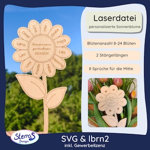 Puede incluir: Una decoración de girasol de madera cortada con láser que presenta un círculo central con el texto "Gemeinsam gewachsen 2024/2025" y pétalos grabados con varios nombres. El diseño incluye dos hojas en el tallo y opciones para 8-24 pétalos.