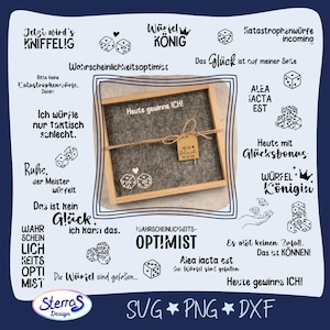 Könnte beinhalten: Ein gerahmtes graues Filzbrett mit dem Text "Heute gewinne ICH!" (Heute gewinne ich!) und Würfelillustrationen. Das Design enthält verschiedene deutsche Sätze und Würfelgrafiken, mit den Worten "SVG PNG DXF" unten.