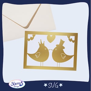 Archivo de trazador de tarjeta de boda SVG • Tarjeta de boda con pájaros del amor • Fabricación de tarjetas DIY • Corona con cilindro y corazón • Rápido y fácil • Digital