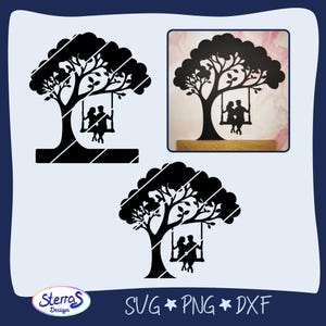 May include: Black silhouette of a tree with a couple on a swing. The image includes three variations of the tree design, along with the text "SVG * PNG * DXF" and the logo for "Sterra's Design".
