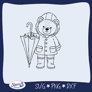 May include: Black and white illustration of a bear wearing a hooded raincoat and rain boots, holding an umbrella. The bear has a smiling face. The image includes the text "SVG * PNG * DXF".