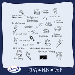 May include: Black and white line art illustrations of school-themed elements, including backpacks, pencils, and school cones. Text includes phrases like "Schoolchild" and "First Day of School."