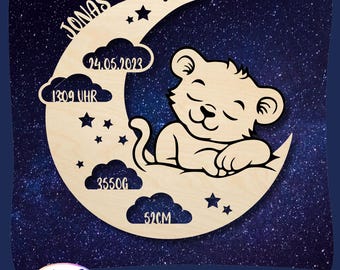 Laser file Moon with baby lion – wooden sign for birth or christening, engraving for name and birth details, nursery decoration, SVG, customizable