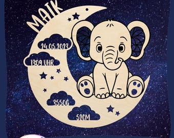 Laser-cut moon with elephant design – personalized wooden sign for birth or christening – clouds with engraving or cutout – baby gift idea