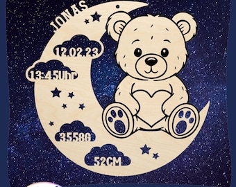 Laser file moon with teddy bear – personalized nameplate for birth/christening • Clouds for birth details • 4 variations • SVG wood engraving sign
