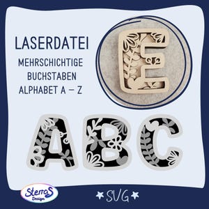 Archivo láser de letras en capas, flores multicapa, corazón, A-Z, SVG, archivo digital, etiqueta para nombre de boda, colgador