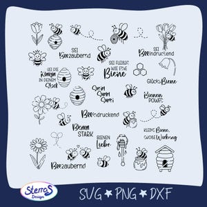 May include: Black and white illustrations of bees, flowers, and beehives. Text includes phrases like "Beeindruckend" and "Königin in deinem Stock." The image also includes the text "SVG PNG DXF" and the logo for Sterras Design.