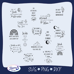 Könnte beinhalten: Eine Sammlung von schwarz-weißen inspirierenden Zitaten und Phrasen, darunter "Glück liegt in den kleinen Momenten" und "Glaube an dich". Das Bild enthält auch den Text "SVG PNG DXF" und ein Logo.