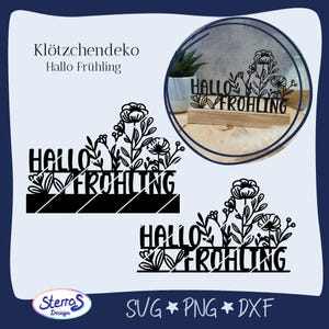 Plotterdatei Hallo Frühling Schriftzug Klötzchendeko, SVG PNG DXF, Holzklötzchen, digitale Datei plotten, Sommer deutsch