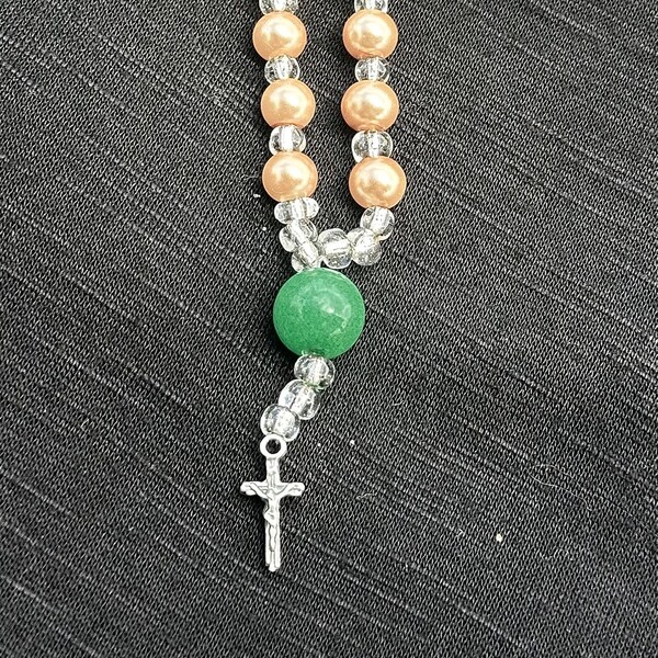 Cream Pearl and Green Rosary Decade Keychain