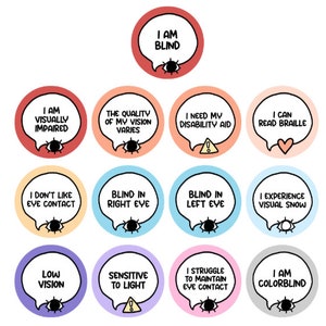 Visually Impaired Blind Eye Contact Speech Bubble Pinback Button Set || Disabled Badge || Disability and Autism Pins