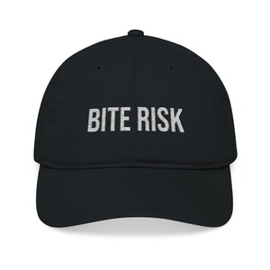 May include: Black baseball cap with the text "BITE RISK" in white, centered on the front. The cap has a curved brim and a structured crown. This hat is a casual accessory.