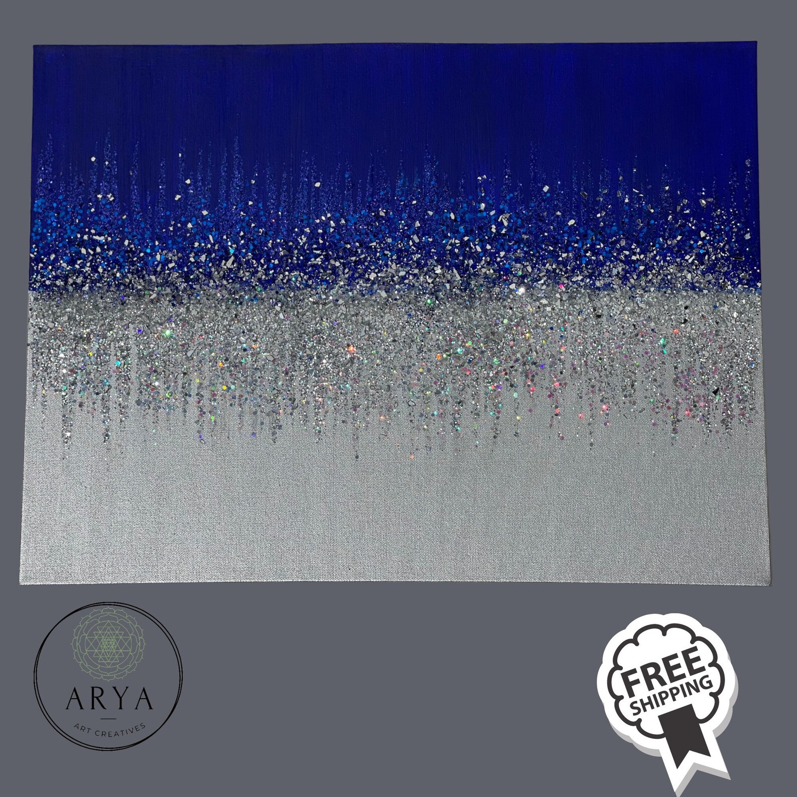 Silver and Royal Blue Glitter Canvas Art Z Gallerie inspired Etsy